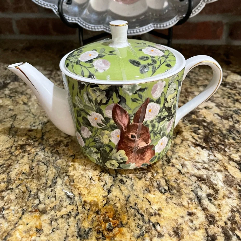 Grace Teaware Bunny Rabbit green floral fine porcelain teapot - Brand new!
